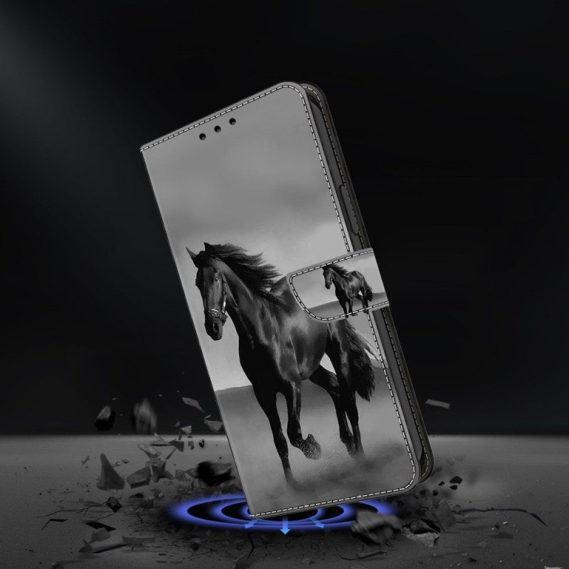 Leren Hoesje Samsung Galaxy S24 5g Zwart Paard Bescherming Hoesje