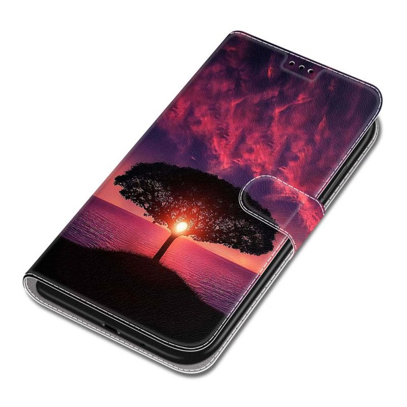 Leren Hoesje Samsung Galaxy S24 5g Zwarte Boom Bij Zonsondergang Met Riem Bescherming Hoesje