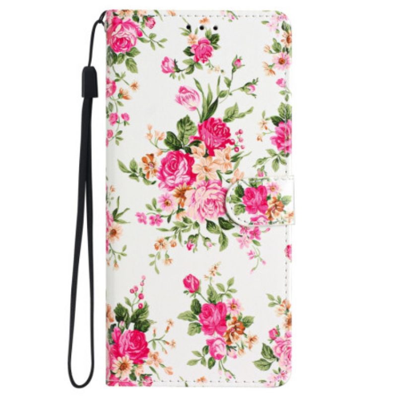 Leren Hoesje Voor Samsung Galaxy S24 5g Rode Bloemen Met Riem