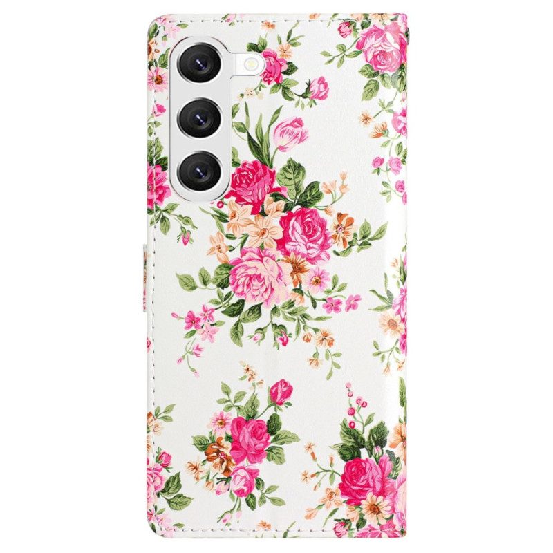 Leren Hoesje Voor Samsung Galaxy S24 5g Rode Bloemen Met Riem