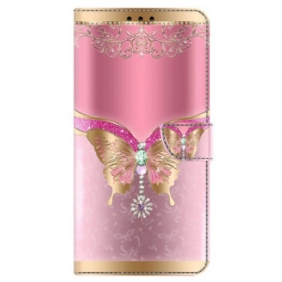 Leren Hoesje Voor Samsung Galaxy S24 5g Roze En Gouden Vlinder