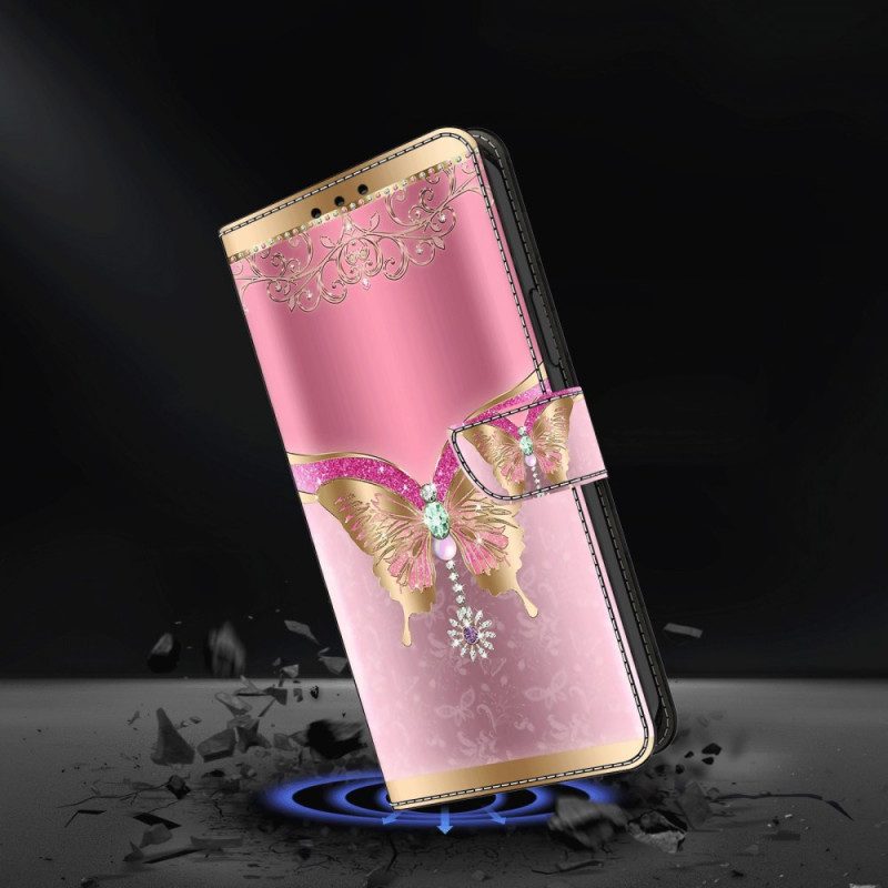 Leren Hoesje Voor Samsung Galaxy S24 5g Roze En Gouden Vlinder