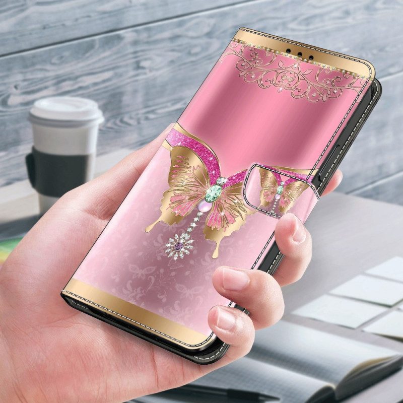 Leren Hoesje Voor Samsung Galaxy S24 5g Roze En Gouden Vlinder