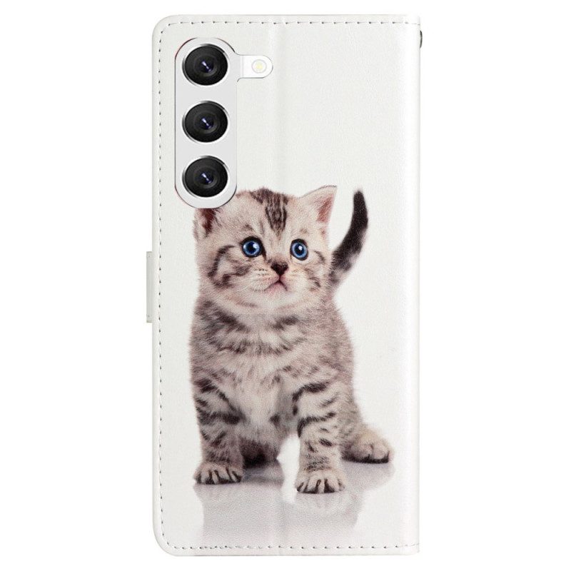 Leren Hoesje Voor Samsung Galaxy S24 5g Schattige Kat Met Riem