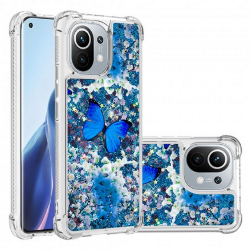 Hoesje voor Xiaomi Mi 11 (5G) Glitter Blauwe Vlinders