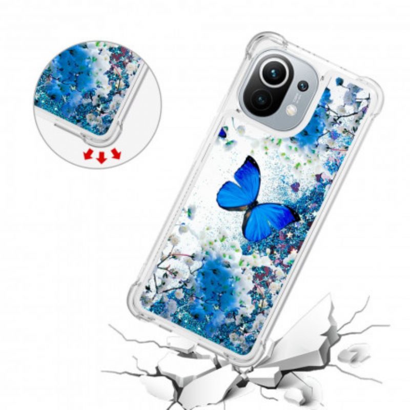 Hoesje voor Xiaomi Mi 11 (5G) Glitter Blauwe Vlinders