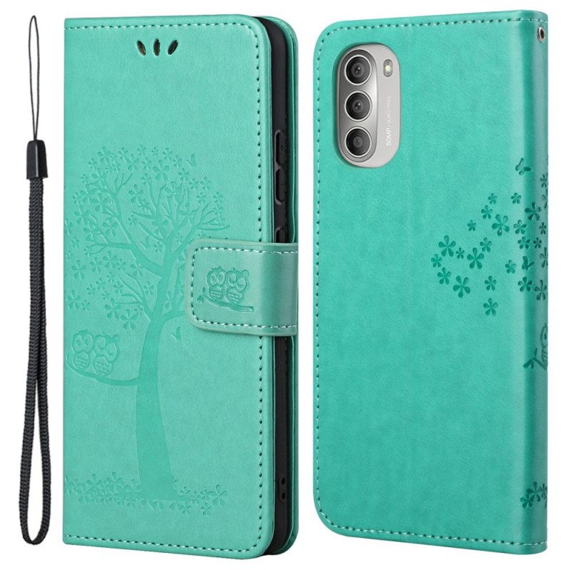 Leren Hoesje voor Moto G51 5G Met Ketting String Boom En Uilen