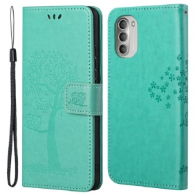 Leren Hoesje voor Moto G51 5G Met Ketting String Boom En Uilen