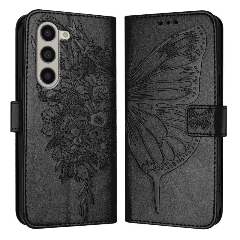 Leren Hoesje Samsung Galaxy Z Fold 6 Bloemenvlinder Met Riempje Bescherming Hoesje