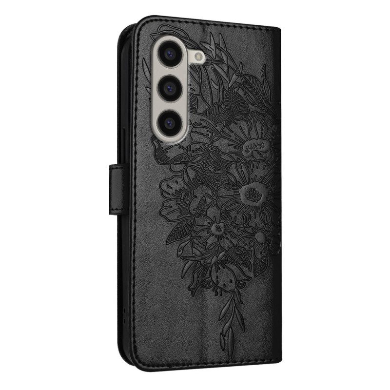 Leren Hoesje Samsung Galaxy Z Fold 6 Bloemenvlinder Met Riempje Bescherming Hoesje