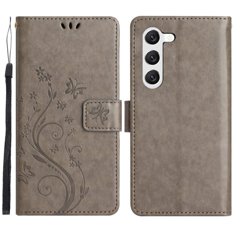 Folio-hoesje voor Samsung Galaxy S23 5G Met Ketting Strakke Bloemen