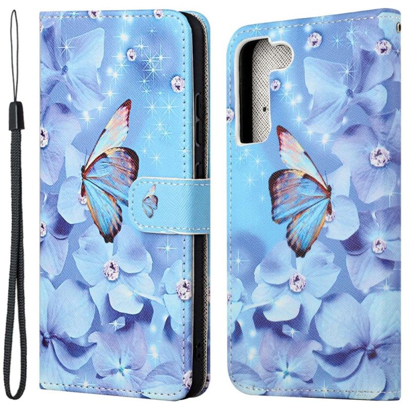 Folio-hoesje voor Samsung Galaxy S23 5G Met Ketting Strappy Diamanten Vlinders