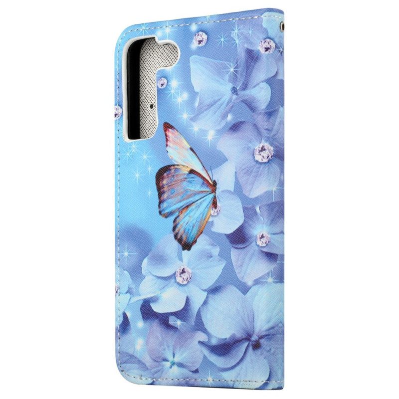 Folio-hoesje voor Samsung Galaxy S23 5G Met Ketting Strappy Diamanten Vlinders