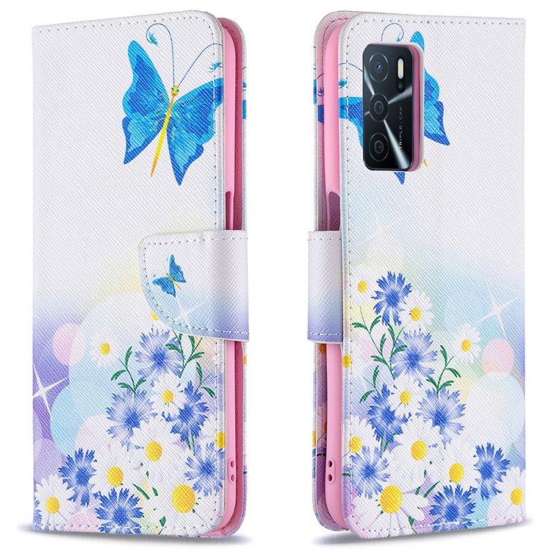 Folio-hoesje voor Oppo A16 / A16s Geschilderde Vlinders En Bloemen