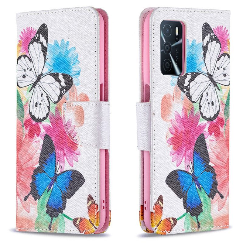 Folio-hoesje voor Oppo A16 / A16s Geschilderde Vlinders En Bloemen