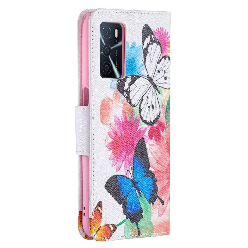 Folio-hoesje voor Oppo A16 / A16s Geschilderde Vlinders En Bloemen