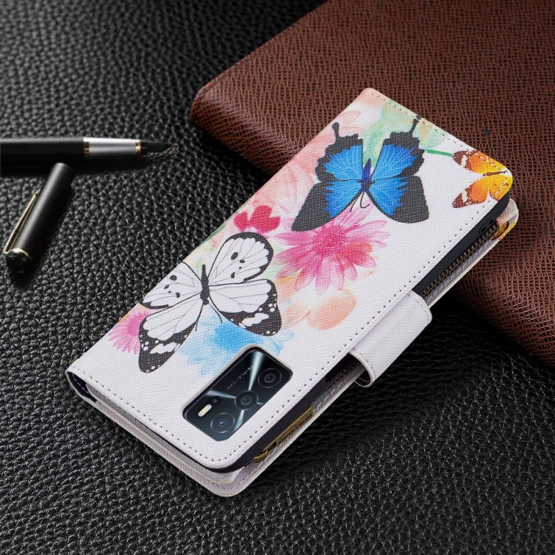 Leren Hoesje voor Oppo A16 / A16s Vlinders Zak Met Ritssluiting