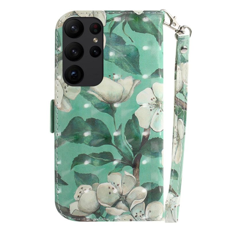 Folio-hoesje voor Samsung Galaxy S23 Ultra 5G Met Ketting Witte Bloemen Met Bandjes