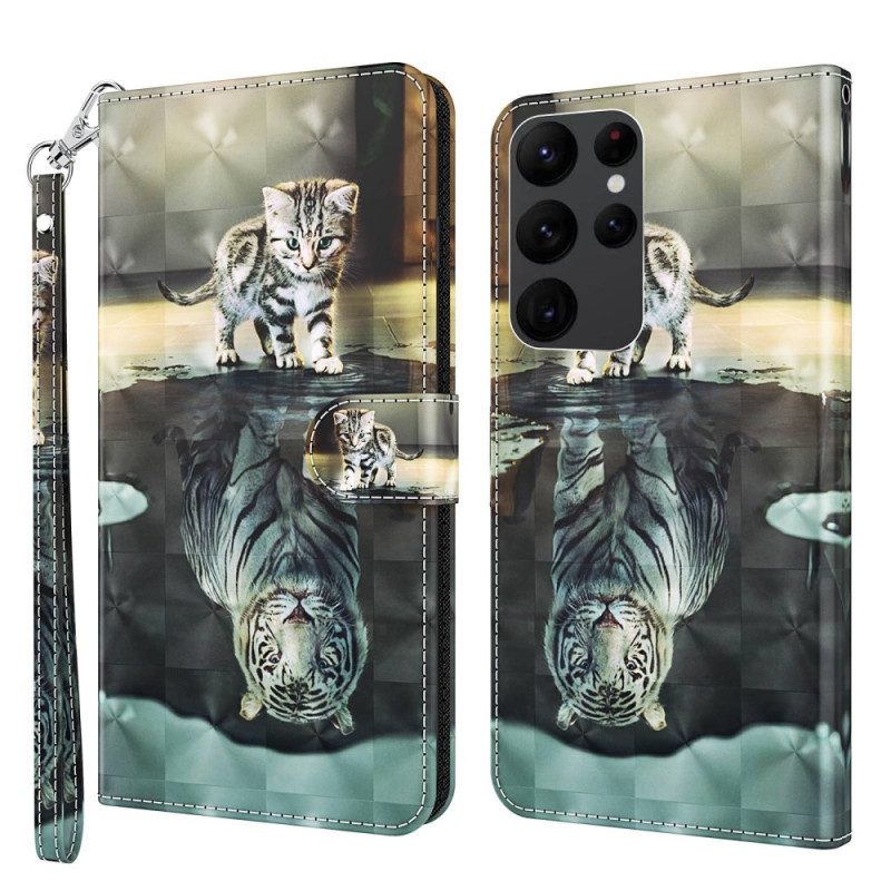 Leren Hoesje voor Samsung Galaxy S23 Ultra 5G Met Ketting Strappy Kitten Droom