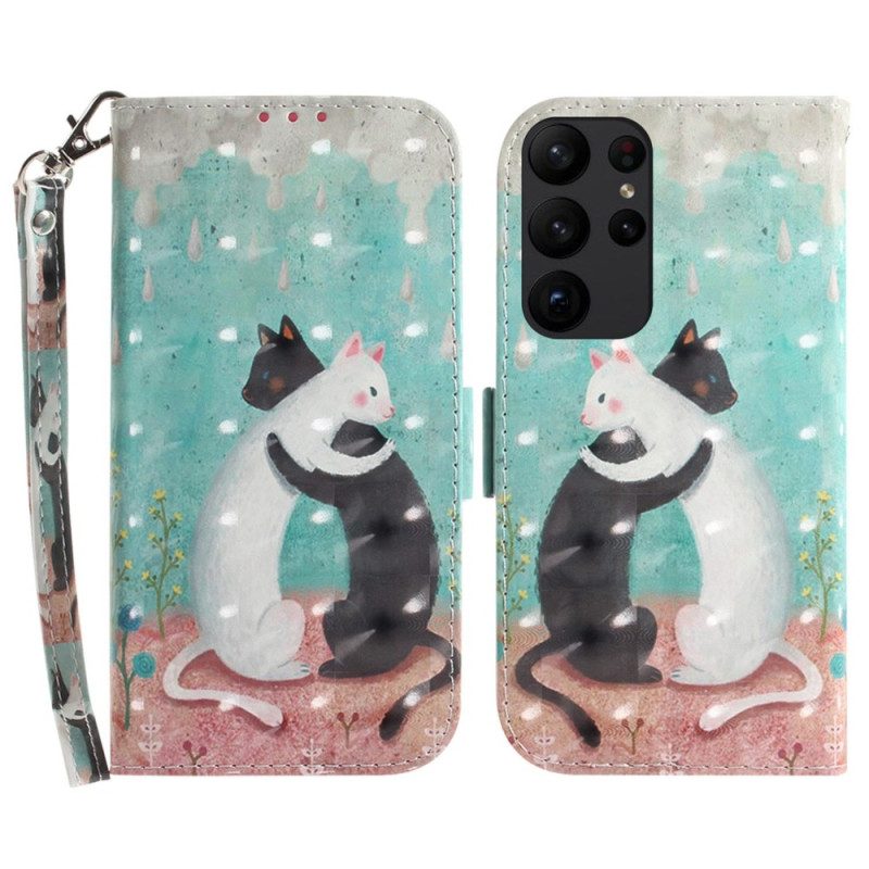 Leren Hoesje voor Samsung Galaxy S23 Ultra 5G Met Ketting Witte Kat Zwarte Kat Met Riem