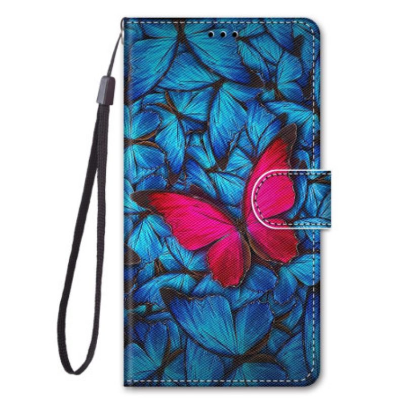 Leren Hoesje voor Samsung Galaxy S23 Ultra 5G Rode Vlinder Blauwe Achtergrond