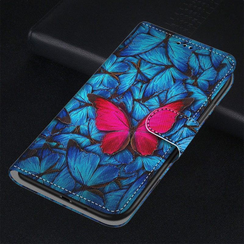 Leren Hoesje voor Samsung Galaxy S23 Ultra 5G Rode Vlinder Blauwe Achtergrond