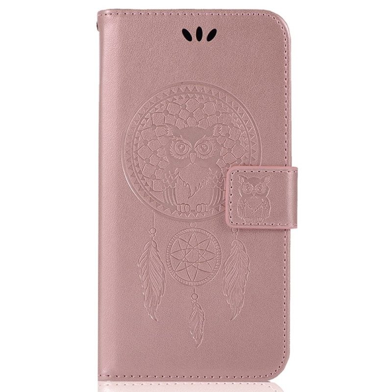 Flip Case voor iPhone 14 Pro Max Met Ketting Uil Dromenvanger Met Riem