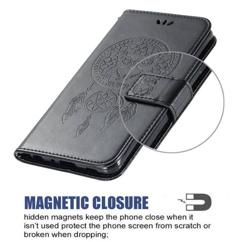 Flip Case voor iPhone 14 Pro Max Met Ketting Uil Dromenvanger Met Riem