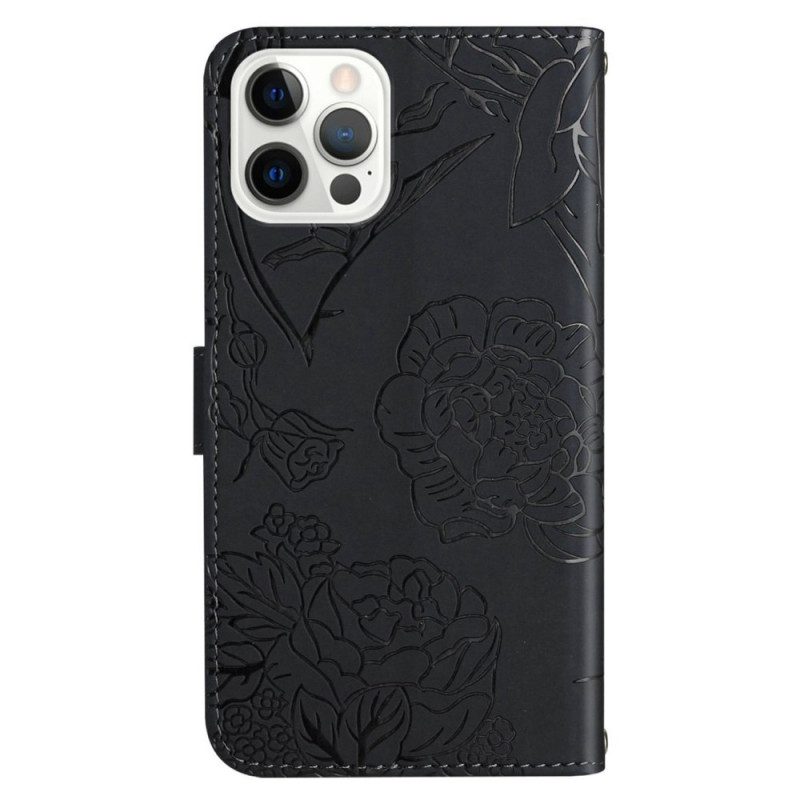 Folio-hoesje voor iPhone 14 Pro Max Vlinders En Schouderriem