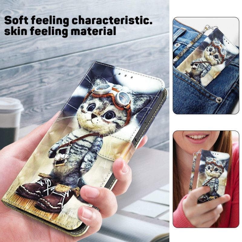 Flip Case voor iPhone 15 Pro Met Ketting Vliegenier Kat Met Riem