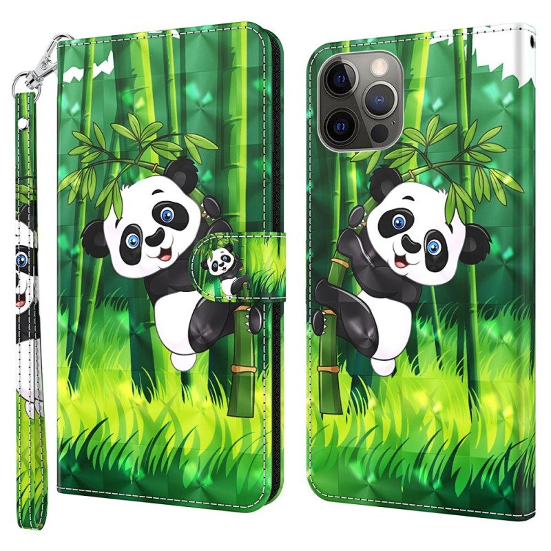 Folio-hoesje voor iPhone 15 Pro Met Ketting 3d Bamboe Panda Met Riem