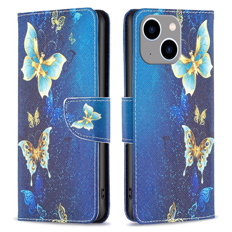 Folio-hoesje voor iPhone 15 Pro Vlinders Op Blauwe Achtergrond