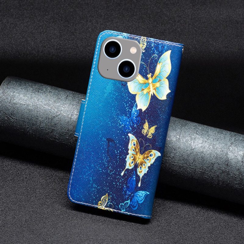 Folio-hoesje voor iPhone 15 Pro Vlinders Op Blauwe Achtergrond