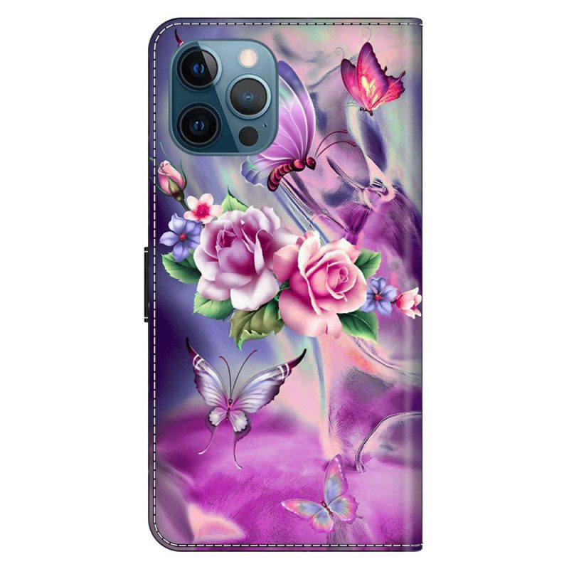 Leren Hoesje voor iPhone 15 Pro Mooie Bloemen