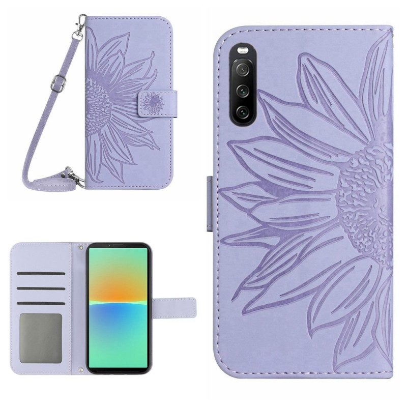 Leren Hoesje voor Sony Xperia 10 IV Zonnebloem En Schouderriem