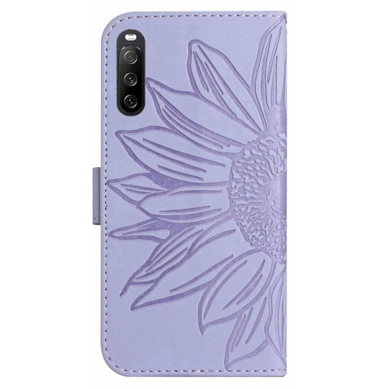 Leren Hoesje voor Sony Xperia 10 IV Zonnebloem En Schouderriem