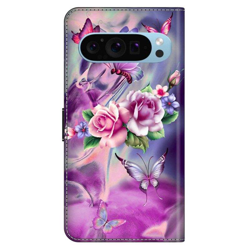 Folio-hoesje Google Pixel 9 Pro Vlinders En Bloemen Paars