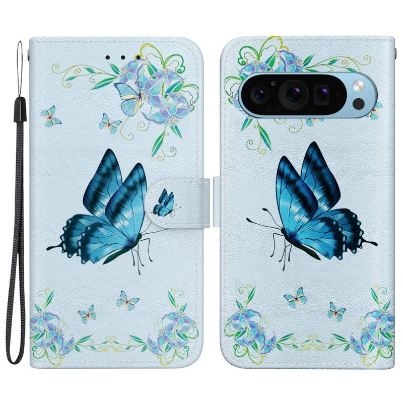 Leren Hoesje Google Pixel 9 Pro Blauwe Vlinder En Bloemen