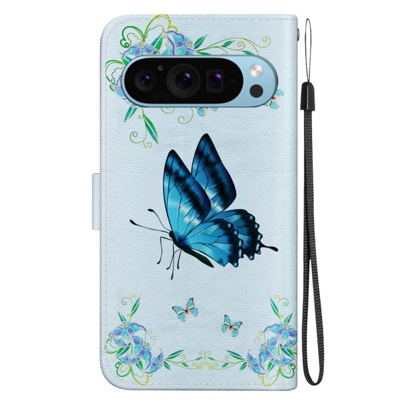 Leren Hoesje Google Pixel 9 Pro Blauwe Vlinder En Bloemen