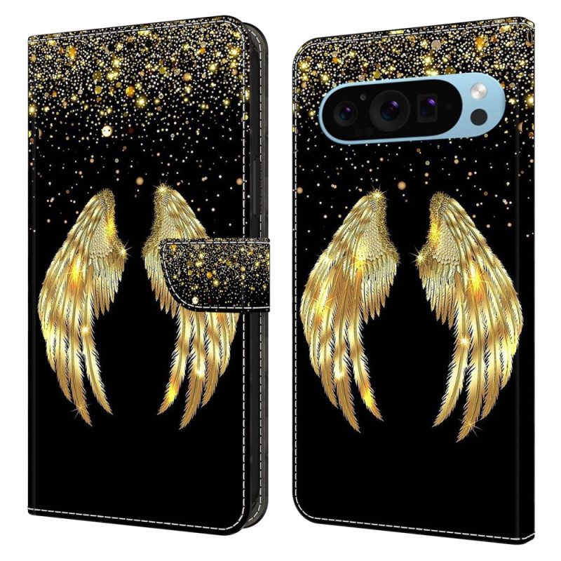 Leren Hoesje Google Pixel 9 Pro Gouden Vleugels Bescherming Hoesje