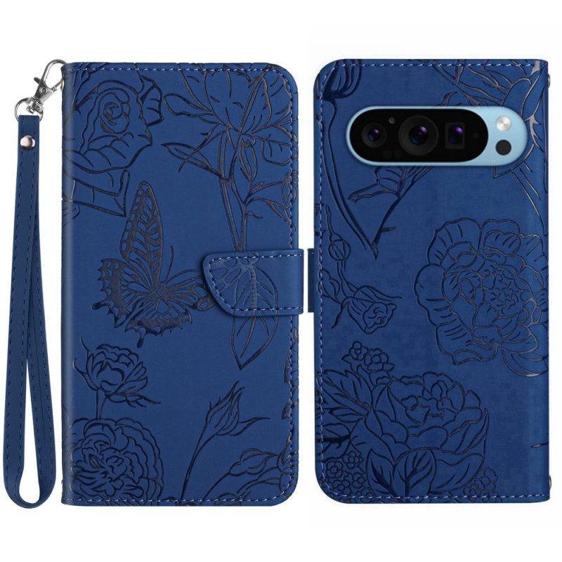 Leren Hoesje Google Pixel 9 Pro Lanyard Vlinders Bescherming Hoesje