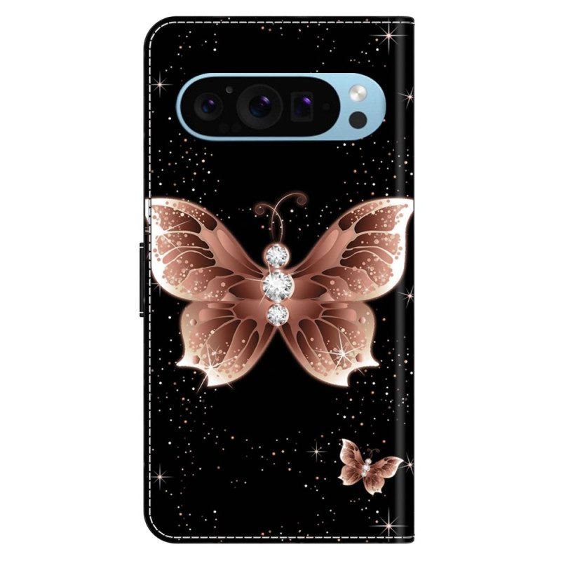 Leren Hoesje Google Pixel 9 Pro Roze Diamanten Vlinder Bescherming Hoesje