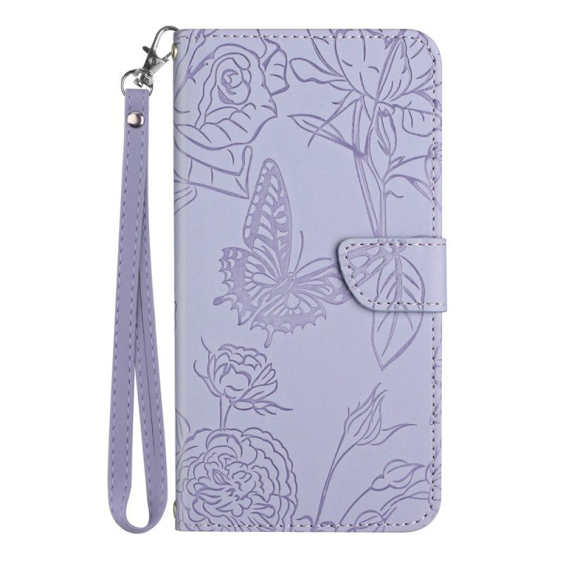 Leren Hoesje voor Realme C30 Met Ketting Riem Bloemen Paillon