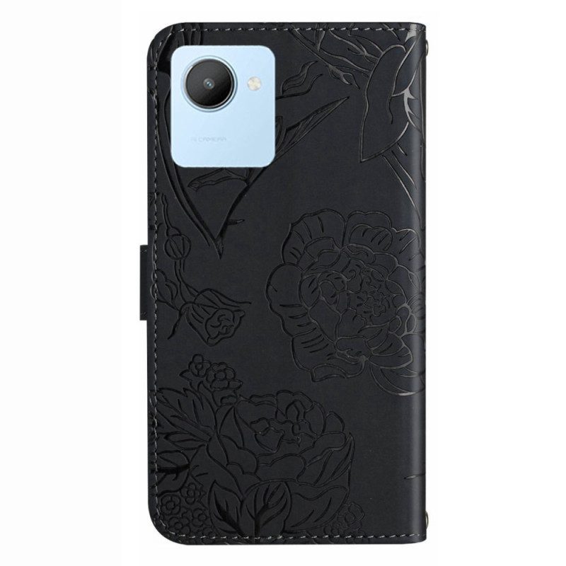 Leren Hoesje voor Realme C30 Met Ketting Riem Bloemen Paillon