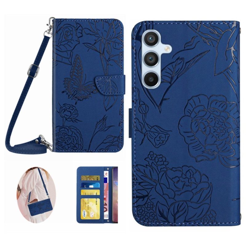 Leren Hoesje Voor Samsung Galaxy M55 5g Vlinderprint Met Schouderband