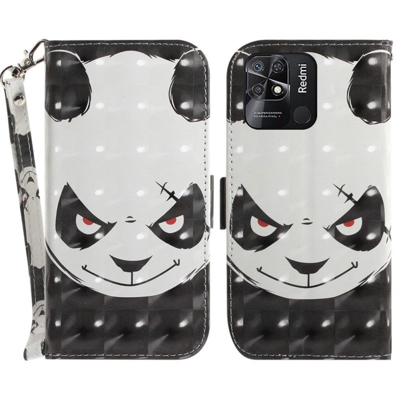 Flip Case voor Xiaomi Redmi 10C Met Ketting Boze Panda Met Lanyard