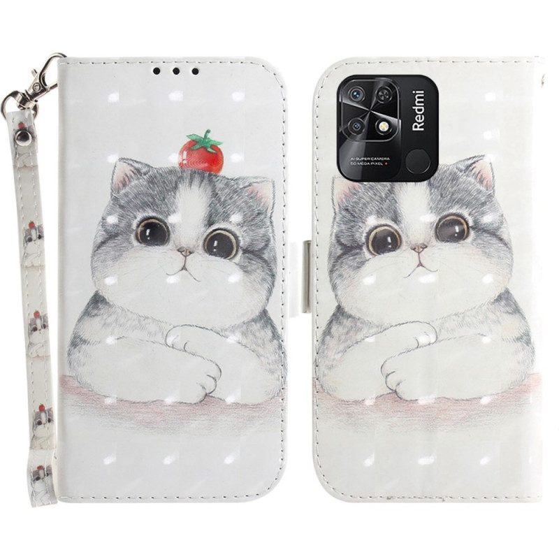 Flip Case voor Xiaomi Redmi 10C Met Ketting Grijze Kat Met Riem