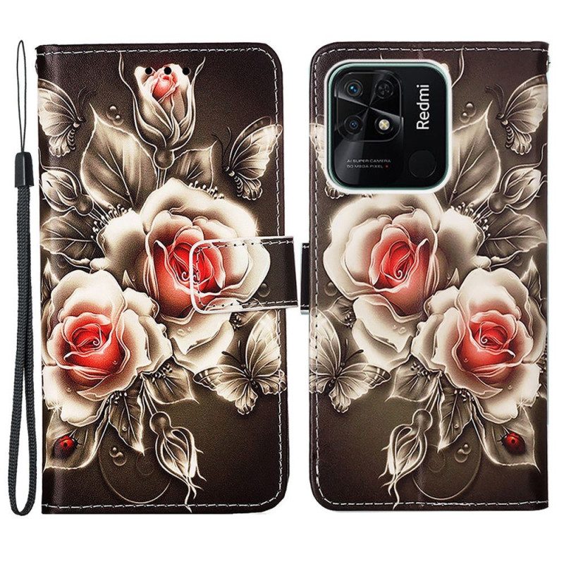 Folio-hoesje voor Xiaomi Redmi 10C Met Ketting Bloemenvariatie Met Riem