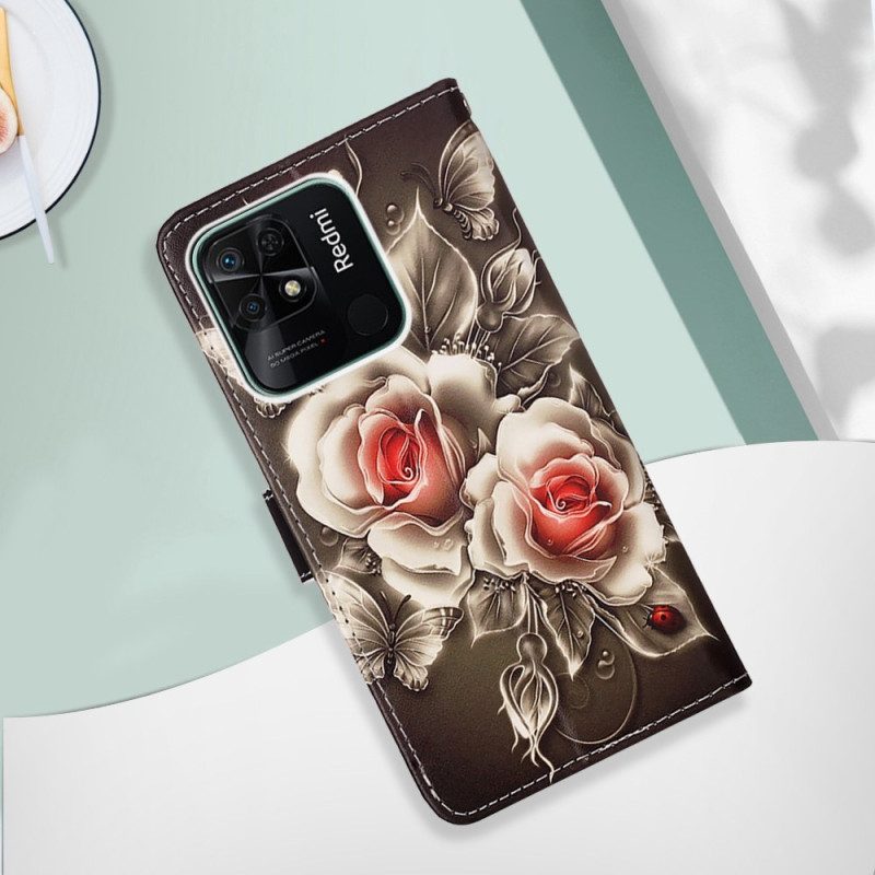 Folio-hoesje voor Xiaomi Redmi 10C Met Ketting Bloemenvariatie Met Riem