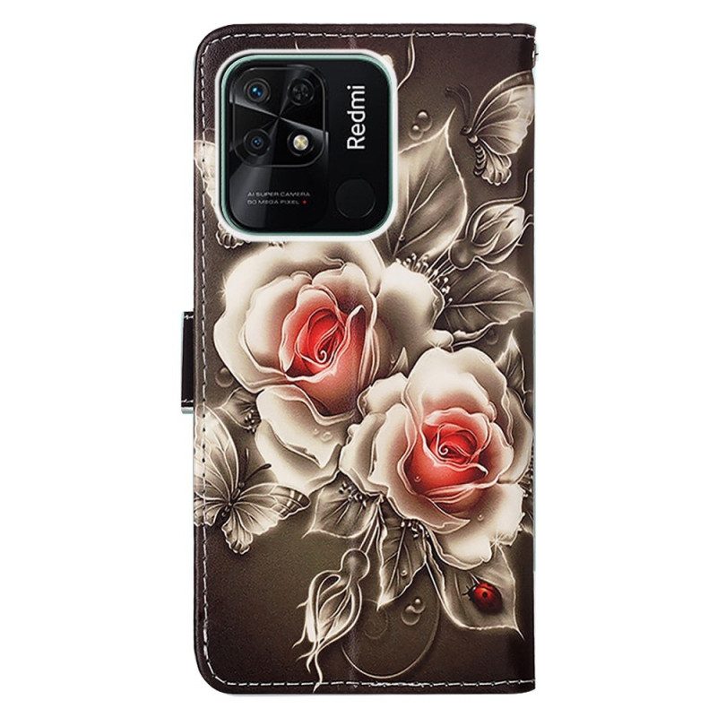 Folio-hoesje voor Xiaomi Redmi 10C Met Ketting Bloemenvariatie Met Riem